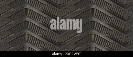 Cette image présente un motif abstrait symétrique en 3D, composé de formes sombres se chevauchant entourées de fines lignes dorées, lui donnant un et luxueux Banque D'Images