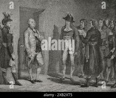 Révolution française. Jugement du roi Louis XVI de France. Le ministre de la Justice, Joseph Dominique Garat, annonçant la condamnation à mort du roi Louis XVI à la prison du Temple à Paris le 20 janvier 1793. Dessin de Hippolyte de la Charlerie. Gravure de Meyer-Heine. "Histoire de la Révolution française". Volume I, 1876. Banque D'Images