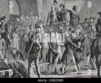 Révolution française. Procès des 21 députés Girondin jugés par le Tribunal révolutionnaire (du 3 au 9 de Brumaire, an II ; du 24 au 30 octobre 1793). Ils sont tous condamnés à mort et guillotinés le 10 brumaire, an II (31 octobre 1793). Girondins condamnés à mort quittant la prison pour l'échafaudage chantant des chansons patriotiques. Gravure par Bure. "Histoire de la Révolution française". Volume I, 1876. Banque D'Images