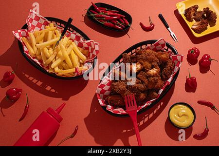 Un délicieux arrangement de poulet frit croustillant et de frites dorées servies dans des paniers noirs avec des doublures à carreaux rouges et blancs, entourés de rouge frais Banque D'Images