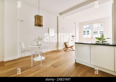 Intérieur minimaliste lumineux et aéré avec une cuisine blanche élégante, du parquet et un mobilier contemporain. L'espace est accentué avec l naturel Banque D'Images