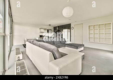 Cet appartement moderne élégamment meublé situé au Bos en Lommerweg 276 dispose d''un canapé gris, d''armoires blanches et d''un décor minimaliste Banque D'Images