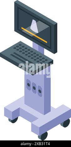 Machine médicale à ultrasons affichant un balayage ultrasonore sur un moniteur avec clavier debout sur des roues Illustration de Vecteur