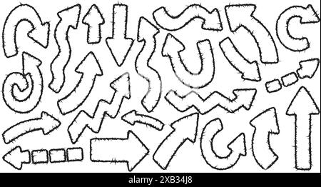 Icônes de flèches dessinées à la craie dessinées à la main. Libre de lignes courbes différentes, tourbillonne les flèches. Dessin de marqueur de doodle, pointeurs de direction. Vecteur Illustration de Vecteur