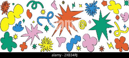 Ensemble de formes rétro abstraites. Fleur groovy funky, bulle, étoile, boucle, vagues dans le style de dessin animé rétro tendance des années 90 00. Elément esthétique contemporain pour lo Illustration de Vecteur