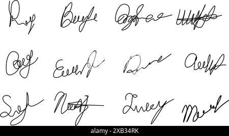 Fausse signature manuelle pour les documents. Ensemble d'autographes manuscrits. Signature croisée. Illustration vectorielle Illustration de Vecteur