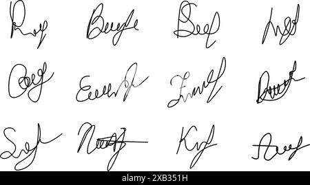 Fausse signature manuelle pour les documents. Ensemble d'autographes manuscrits. Signature croisée. Illustration vectorielle Illustration de Vecteur