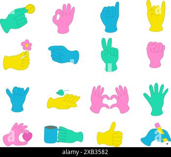 Jeu de mains abstrait dessiné comique. Différents signes et symboles multicolores. Rétro tendance Y2K. Paquet d'autocollants. Illustration vectorielle Illustration de Vecteur