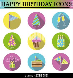 Ensemble d'icônes plates d'anniversaire avec ombre sur le fond blanc. Icônes de célébration. Vecteur isolé. Banque D'Images