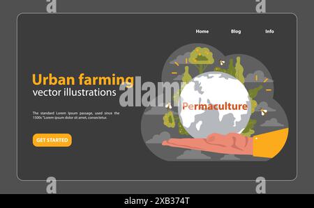 Vision durable : une main berce la Terre, soulignant l'essence de la permaculture au milieu de la verdure urbaine et des abeilles bourdonnantes. Illustration vectorielle plate. Illustration de Vecteur