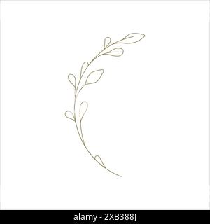 Branche d'arbre incurvée élégante monochrome avec feuilles dessinées à la main élément de décor d'art de ligne pour illustration vectorielle de logo. Brindille naturelle biologique avec minim de feuilles Illustration de Vecteur