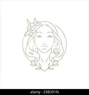 Visage de femme avec fleur botanique naturelle florale fleur dessinée à la main logo dessin à la main illustration vectorielle de style art. Belle fleur de portrait femelle plante organique dans Illustration de Vecteur