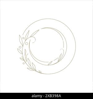 Bordure ronde minimaliste avec élément décoratif d'art de ligne de branche botanique pour illustration vectorielle de logo. Cadre circulaire monochrome avec fleurs à base de plantes pl Illustration de Vecteur