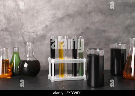 Bécher, fioles et tubes à essai avec différents types d'huile sur la table texturée grise, gros plan Banque D'Images