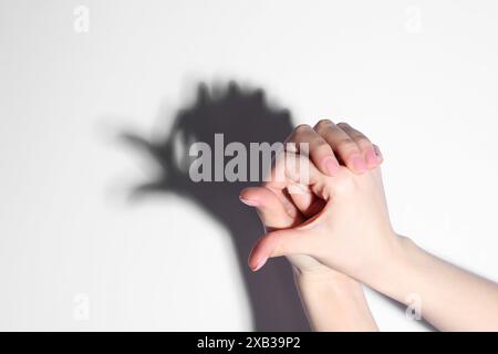 Marionnette d'ombre. Femme faisant le geste de la main comme oiseau sur fond clair, gros plan Banque D'Images