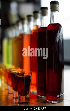 Gros plan de bouteilles et de verres avec de la teinture alcoolique de fruits ou du vin maison Banque D'Images