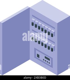 Vue isométrique d'un tableau de distribution avec disjoncteurs et interrupteurs, essentiels pour la gestion et la protection des circuits électriques dans les environnements résidentiels, commerciaux ou industriels Illustration de Vecteur