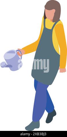 Jardinière femelle portant tablier marchant et tenant l'arrosage peut l'illustration isométrique Illustration de Vecteur