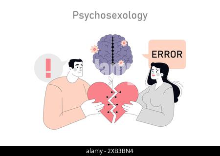 Concept de psychosexologie. Illustration d'un couple avec un cœur et un cerveau brisés symbolisant des problèmes relationnels psychologiques. Illustration vectorielle. Illustration de Vecteur
