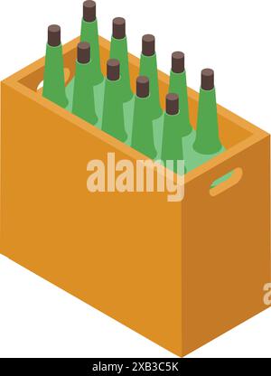 Caisse en bois jaune contenant neuf bouteilles en verre vert avec bouchons, vue isométrique Illustration de Vecteur