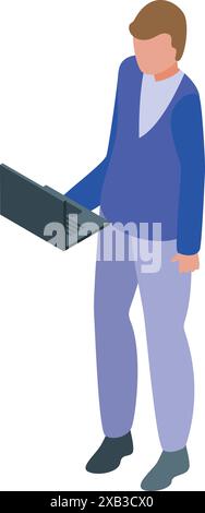 Un jeune homme aux cheveux bruns portant un pull bleu tient un ordinateur portable et travaille Illustration de Vecteur