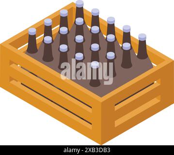 Caisse en bois pleine de bouteilles en verre contenant des boissons alcoolisées pour la livraison, icône isométrique Illustration de Vecteur