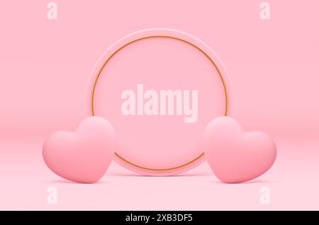Valentines showroom fête élément coeur rose mignon avec mur de cercle 3d illustration vectorielle réaliste. Événement romantique festif Félicati Illustration de Vecteur