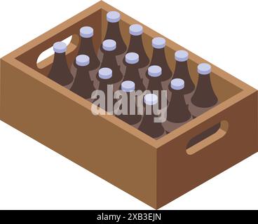 Caisse en bois contenant de nombreuses bouteilles en verre pleines de bière, probablement pour la vente ou la distribution Illustration de Vecteur