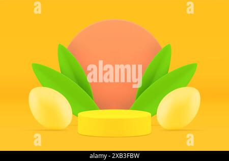 Étape de cylindre jaune podium d'oeuf de Pâques pour la célébration d'événement de vacances festif 3d conception illustration vectorielle réaliste. Scène de scène de l'arène de récompense de piédestal Gree Illustration de Vecteur