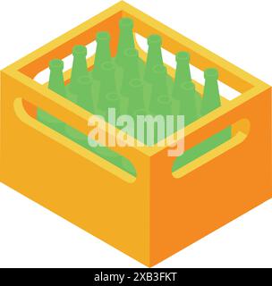 Caisse en bois orange contenant des bouteilles en verre vert, pour livraison aux bars, restaurants et magasins Illustration de Vecteur