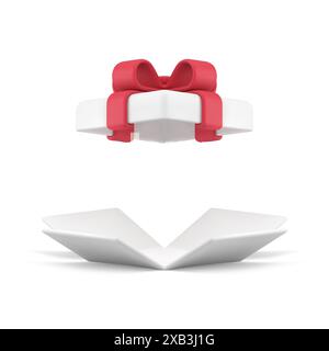 Boîte-cadeau récipient en carton ouvert paquet élégant blanc avec l'icône volante 3d illustration vectorielle réaliste. Joyeux anniversaire félicitations fête su Illustration de Vecteur