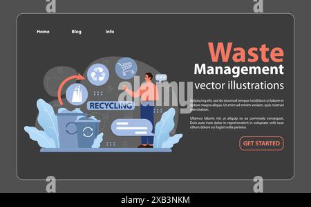 Recyclage moderne : homme guidant les stratégies de réduction des déchets numériques avec des icônes de poubelle et d'éco. La technologie rationalisée rencontre le développement durable. Illustration vectorielle plate. Illustration de Vecteur