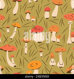 Motif sans couture de vecteur de champignon. Illustration sur fond d'olive pour le textile d'enfants, papier peint, papier d'emballage Illustration de Vecteur