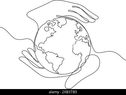 planet earth in world care concept avec illustration de ligne mince de main attentionnée. problème écologique de dessin au trait continu. Illustration de Vecteur