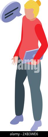 Illustration isométrique d'une jeune femme tenant une tablette et parlant Illustration de Vecteur