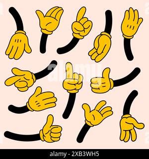 Bras de dessin animé rétro dans des gants. Vintage 50s, 60s Comic style mains Set. Illustration vectorielle de dessin animé. Illustration de Vecteur