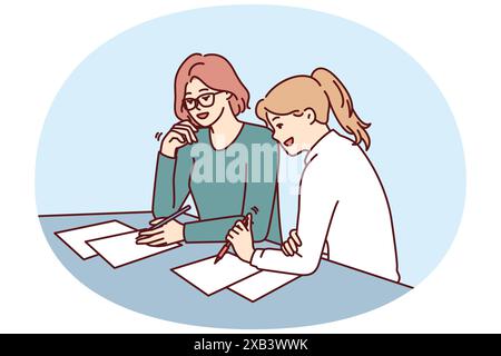 Deux femmes qui font de la paperasse assis à table dans le bureau de la compagnie d'assurance pendant la conclusion du contrat. Les femmes d'affaires font le plan d'affaires pour le nouveau projet souhaitent créer avec succès démarrage ensemble Illustration de Vecteur