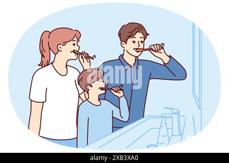 La famille brosse les dents ensemble debout dans la salle de bains près du miroir pour enseigner les procédures d'hygiène matinales de garçon. Maman et papa avec son utilisent des brosses à dents pour nettoyer la bouche après avoir mangé pour éviter les caries dentaires Illustration de Vecteur