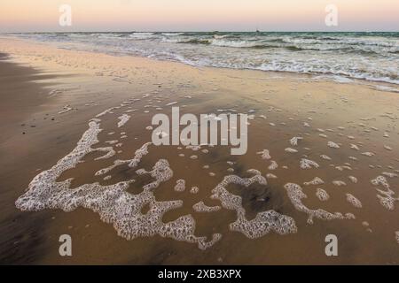 Motifs en mousse laissés par les vagues en retrait sur la plage d'Inhassoro, Mozambique, au crépuscule. Banque D'Images