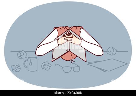 Employée de bureau fatiguée se cachant la tête sous un ordinateur portable souffrant de stress, d'épuisement ou de surmenage. Femme d'affaires avec des problèmes dus à l'épuisement et la perte de revenu a besoin de l'aide de gestionnaire de crise Illustration de Vecteur