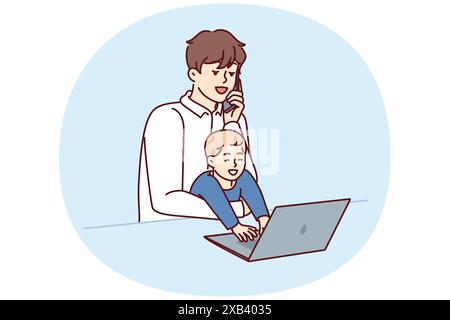 Jeune père freelance avec bébé dans les bras travaille avec ordinateur portable et fait appel téléphonique pendant les restrictions de quarantaine. Père avec petit garçon fait le travail à distance et élève son fils en même temps Illustration de Vecteur