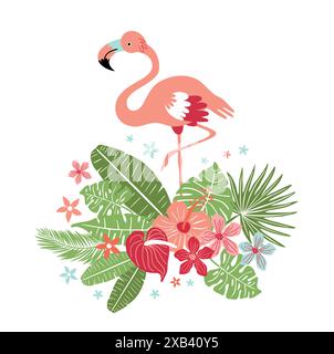 Illustration vectorielle avec flamant rose et plantes tropicales, modèle pour bannières, cartes, cartes d'invitation, t-shirt portcard de vente Illustration de Vecteur