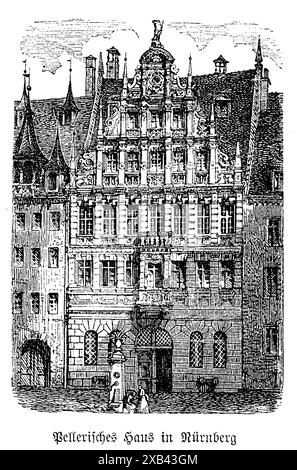 Le Pellerhaus historique de Nuremberg est un exemple remarquable de l'architecture Renaissance, construite à l'origine entre 1602 et 1607 par le marchand et patricien Martin Peller. Connu pour sa splendide façade, le Pellerhaus présente des pignons richement décorés, des pierres complexes et des portails magnifiquement sculptés, mettant en valeur l'opulence de la riche bourgeoisie de Nuremberg pendant la Renaissance. L'intérieur abritait autrefois de grandes salles et des détails exquis reflétant les réalisations artistiques de l'époque. Bien que lourdement endommagée pendant la seconde Guerre mondiale, des parties du Pellerhaus ont été restaurées, préservant ses siens Banque D'Images