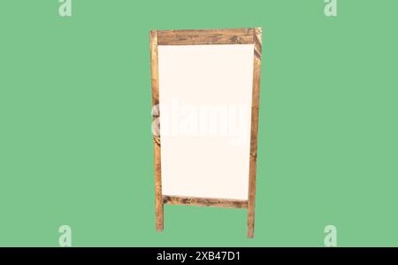 Tableau sandwich blanc blanc en bois avec tableau noir isolé sur fond vert. Maquette pour le design Banque D'Images