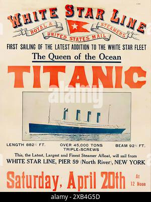 Affiche Titanic, première traversée de New York le 20 avril 1912. - Affiche de voyage vintage Banque D'Images