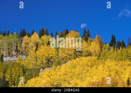 Moon se couche sur une ligne de crête colorée le long de la million Dollar Highway dans le Colorado Banque D'Images