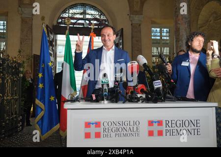 Turin, Italie. 10 juin 2024. Turin - élections régionales - gouverneur Alberto Cirio du centre-droit, conférence de presse après sa reconfirmation en tant que gouverneur du Piémont usage éditorial seulement crédit : Agence photo indépendante/Alamy Live News Banque D'Images