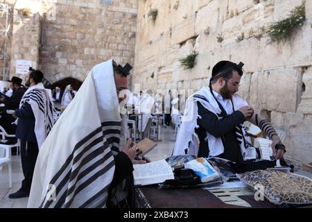 Juif ultra orthodoxe portant un Talith et Tefillin prie avec d'autres Juifs au mur Occidental Banque D'Images