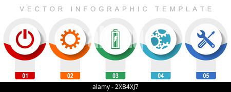 Jeu d'icônes de l'industrie, diverses icônes vectorielles telles que la puissance, la roue dentée, la batterie et les outils, modèle d'infographie de conception moderne, boutons Web en 5 couleurs o Illustration de Vecteur