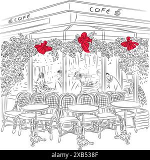 Croquis du café parisien avec des décorations de Noël Illustration de Vecteur